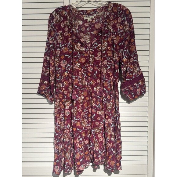 FRYE Women Midi Dress XL Burgundy Rocks Combo Bohemian Floral Long Sleeve  - Picture 2 of 8